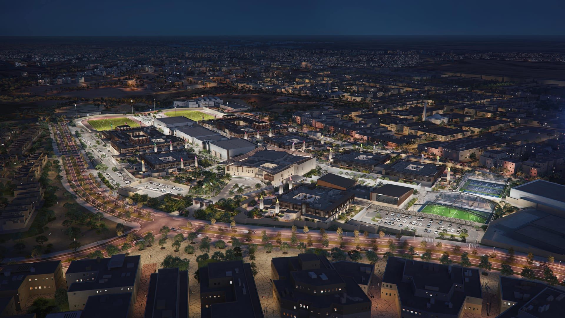 Aerial night view of a modern academic campus